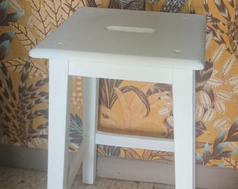 White wooden stool, 1950s style / wooden accent furniture / kitchen, workshop, or veranda decor / solid wood square stool with a hole in the seat