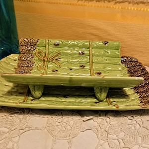 Asparagus Barbotine Dishes France Faience 40&#39;S / tableware / vintage decoration / double rectangular asparagus dish in barbotine