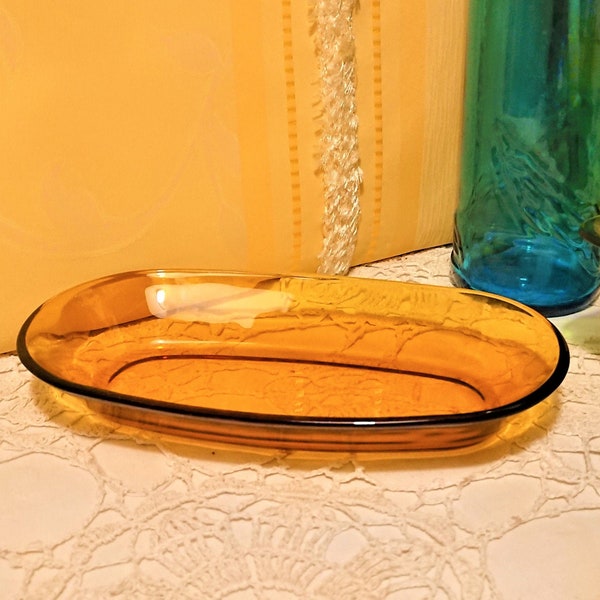 Beurrier Coupelle DURALEX Ambre Verre FRANCE 60'S / Tableware / Vintage kitchen decoration / 1 Oval glass cup butter tray Amber
