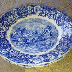 BRAY BUCKE plates, England earthenware / coaching scenes / tableware / Thames triver scenes / vintage / 2 dessert plates, blue decor