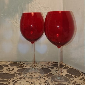 Red Wine Decanting Stem Glasses France 80'S / Tableware Living Room Decoration Oenology Tasting / 3 Red Balloon Glasses