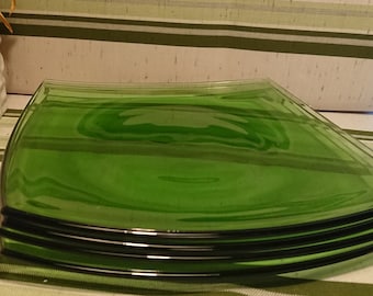 Square Green Glass Plates 70'S / Tableware interior decoration / Lot 4 square flat plates in green glass
