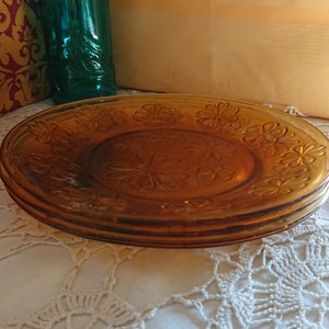VERECO Amber Glass Plates 50&#39;S / Tableware / Vintage Kitchen Decor / Set of 11 Amber Glass Flat Plates with Embossed Flower
