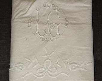 Draps Coton Brodés France Provence 20'S / Art populaire / ancien / vintage / Draps 2 pers modèle GALAND monogramme LG