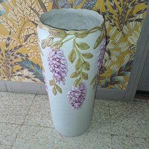 Barbotine umbrella stand Faience 60&#39;S France / vintage decoration decorative vase / very large umbrella stand with wisteria flower decoration