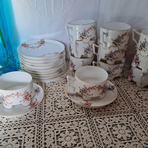Lot of Coffee Tea Indochina White Porcelain France 1910 / Tableware decoration collection Asia / Set of 11 Cups and 11 Saucers
