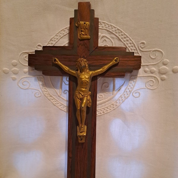 Crucifix Religieux Christ Croix France 1950 / Objets religieux pour collectionneur / crucificx en bois avec jesus en métal doré