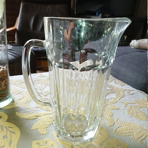 Pitcher Jug Glass France 20&#39;S / Tableware / Vintage Decoration / Shabby / Clear Glass Water Pitcher with a Spout and a Handle