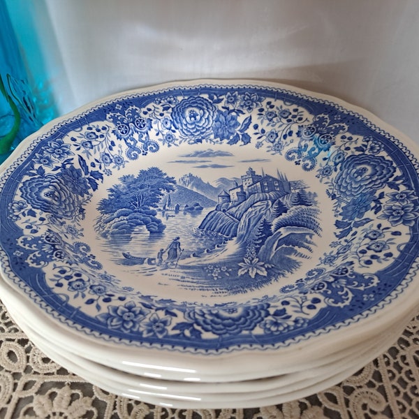 VILLEROY und BOCH blaue Steingutteller 1980 / Kunst der Tischküchendekoration / SET aus 5 Suppentellern mit blauem Burgenland-Liniendekor