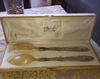 Box Cutlery Silver France XIX / Tableware / vintage decoration / Box of 2 cutlery silver metal horn handles