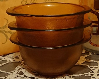Amber Glass Bowls FRANCE 50'S / table art / Popular art / Vintage kitchen decoration / 5 Amber Granite Glass Bowls with 2 ear handles