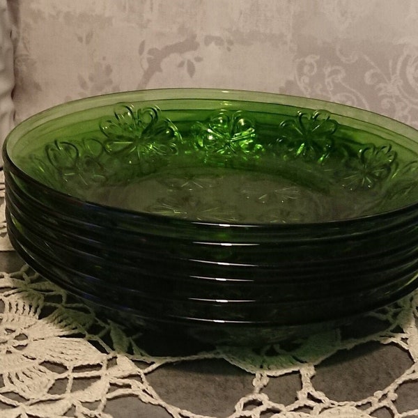 Assiette VERECO verre VERT France 1960 / Art de la Table / décoration vintage / lot de 6 assiettes creuses en verre coloris vert décor fleur