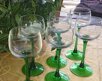 Alsace France Green Glasses 70'S / made in France / Folk Art / Vintage / sold in sets of 6 green glass stemmed glasses