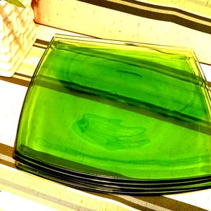 Green Square Glass Plates 70'S / Tableware Interior Decoration / Set of 4 Green Square Glass Dinner Plates