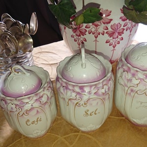 Porcelain Bottles France Faience 1900 / Tableware / Vintage Decoration / Collector / 3 white porcelain pots with pink decorations 1900&#39;s