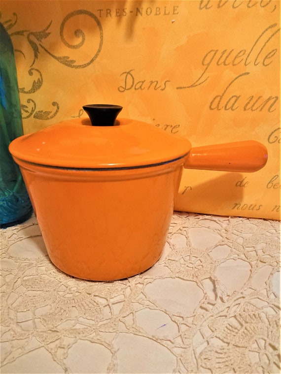 Poelon Fondue Cast Iron Le Creuset Orange France / Kitchen Decoration /  Tableware / MADE IN FRANCE / Orange Enamelled Poelon and 70'S Lid 