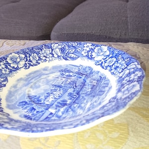 Op de afbeelding: Een blauwe en witte porseleinen schotel met een bloemige rand en een schilderachtig ontwerp in het midden.