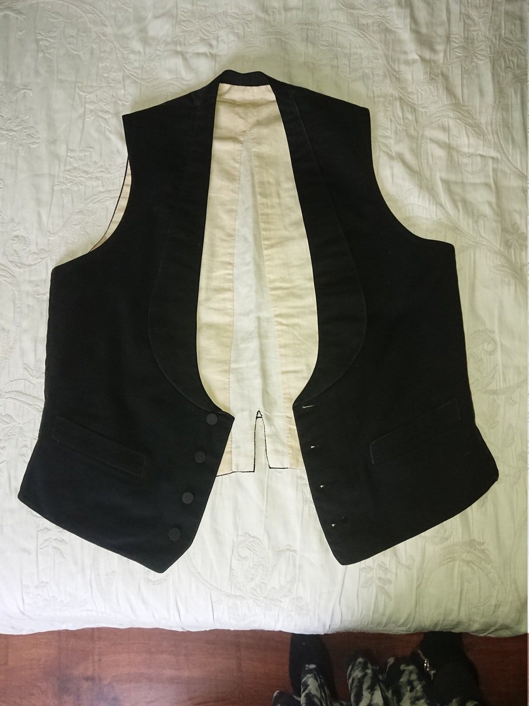 Black Cotton Vest Man 1900 France / Sewing Luxury Suit / Classic Suit Vest  in Cotton Color Black Lined Cotton Curved Back T38/40 