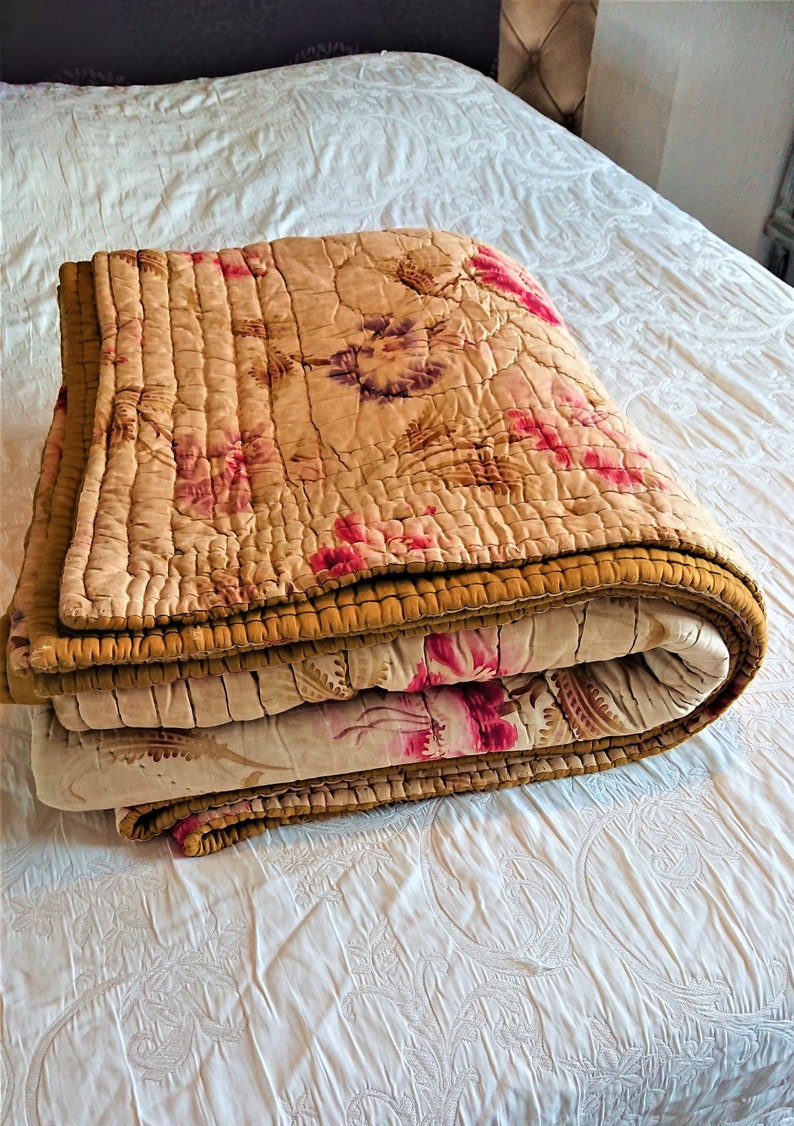 Boutis Plaid Provence Bed cover France XIX / bedroom decoration / Shabby / handmade / Retro vintage / Boutis quilted hand double sided image 2