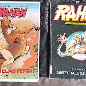 Puede incluir: Dos cómics de Rahan. El libro de la izquierda, titulado Les grandes aventures de Rahan Le coutelas perdu, muestra a un personaje rubio luchando contra un tigre dientes de sable. El libro de la derecha, L'intégrale de Rahan N 15, muestra a un personaje luchando contra una serpiente.