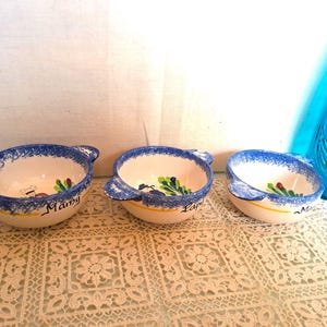 LOT 3 Breton Bowls First Name Earthenware Brittany Pornic France 60&#39;S / Art Table Decoration Vintage / 3 bowls sold in a lot with folk decoration