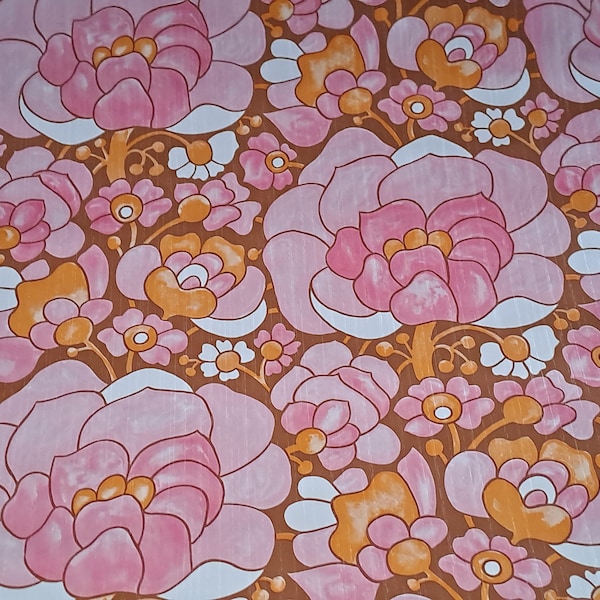 Papier peint vinyl VENILLA POP 1970 vintage France / imprime décoration intérieur / rouleau neuf décor floral naïf Rose orange dessin à sens