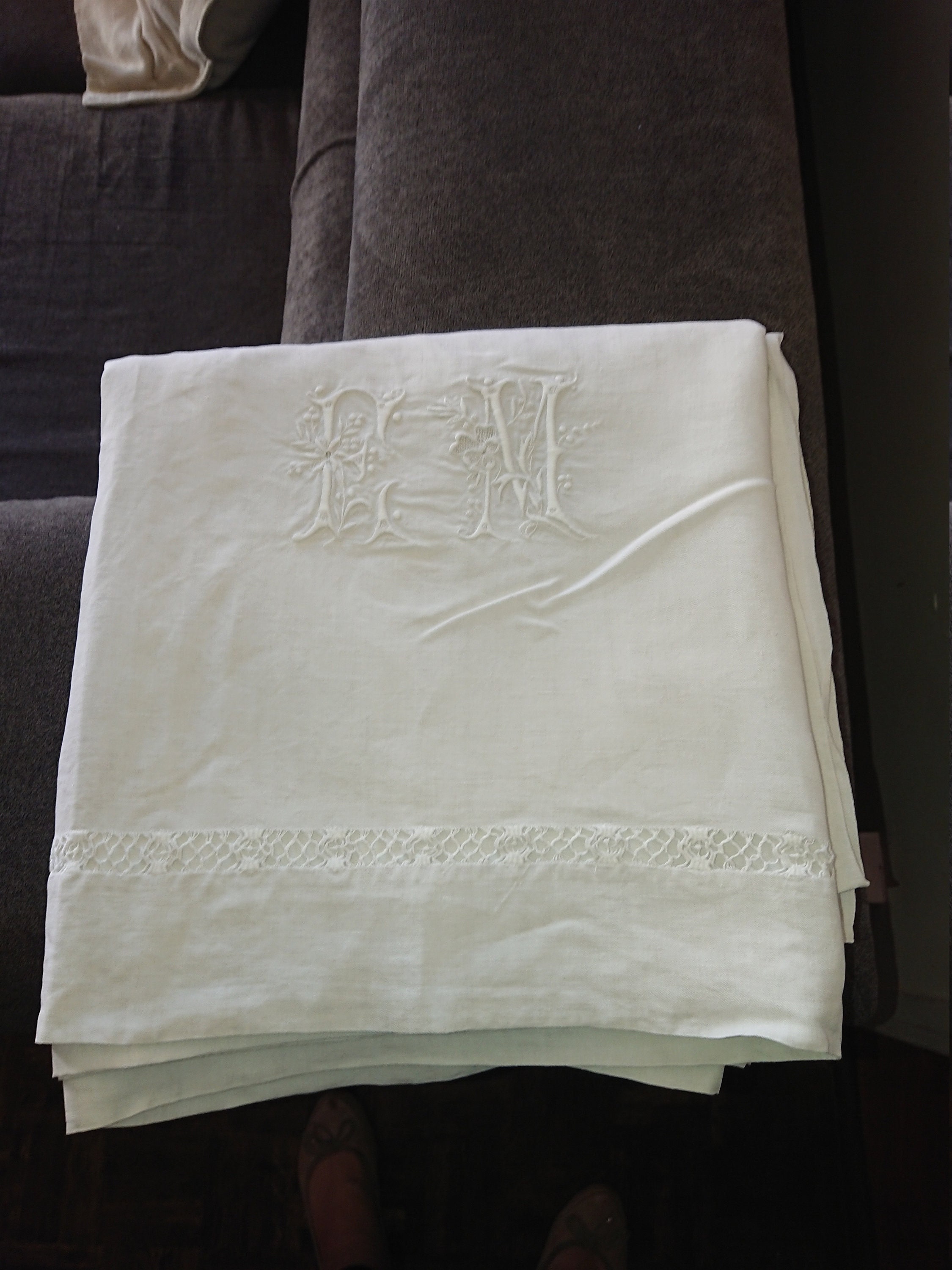 刺繍入りリネンシーツ フランス プロヴァンス みすぼらしい 1900年