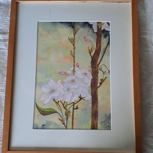 Painting Watercolor "A. HERPIN" France 2000 / Impressionist Floral Contemporary Art / Painting special paper modern frame