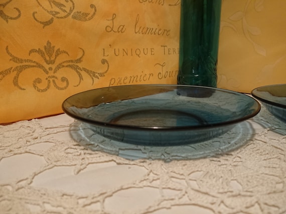 VERECO Blaue Glasteller 70er Jahre / Geschirr / Vintage Küchendekor / 2er Set blaue Glassuppenteller Made in France