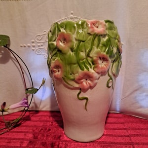 Barbotine vase Faience 30'S France / Art Deco Art Nouveau vintage decorative decoration / large barbotine vase with green and pink floral decoration
