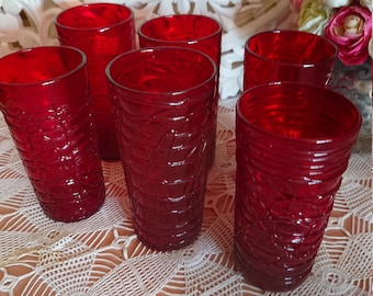 Red blown glass glasses, France, 1970s / Tableware / Set of 6 large lemonade glasses in carmine red blown glass