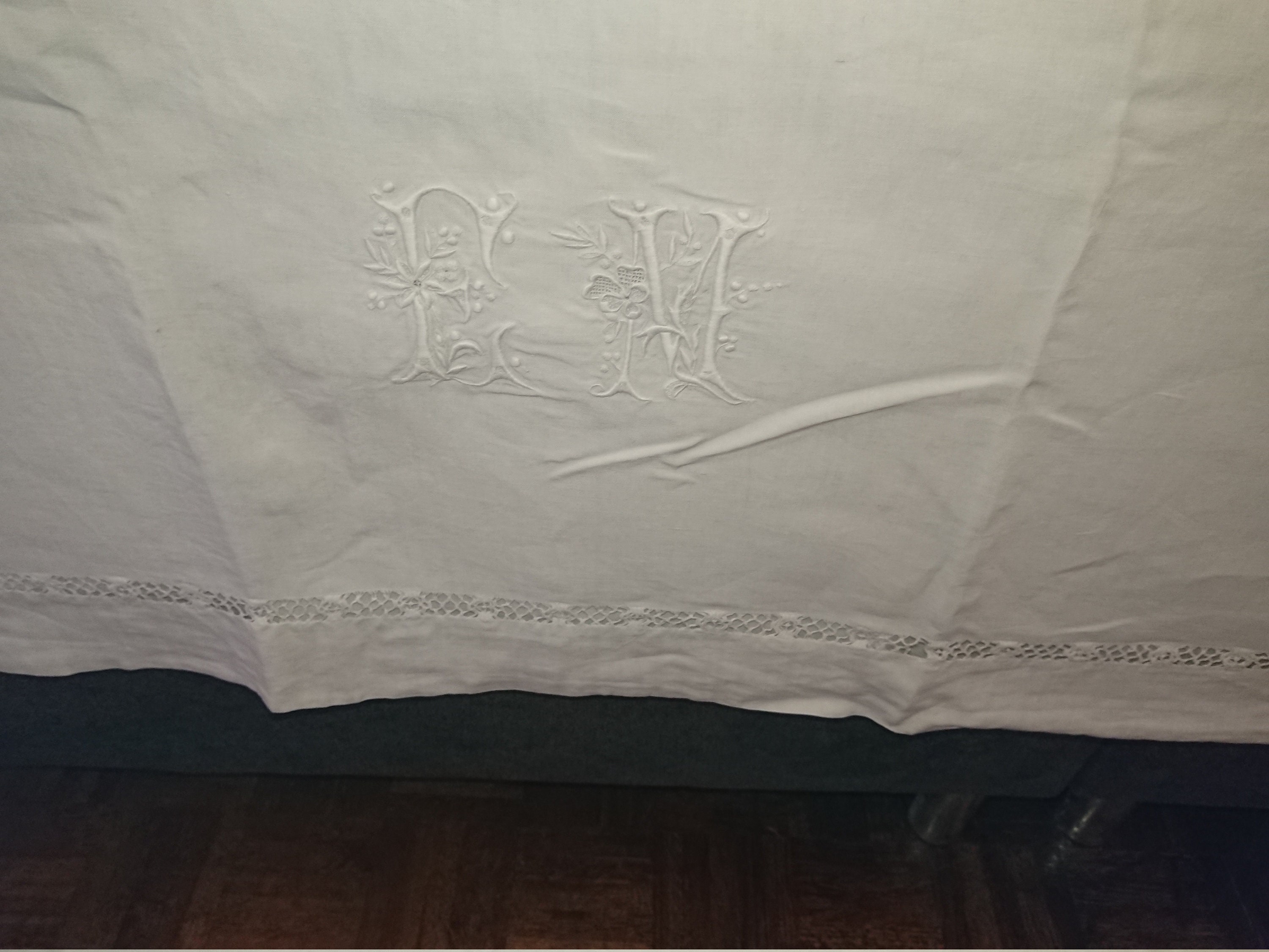 刺繍入りリネンシーツ フランス プロヴァンス みすぼらしい 1900