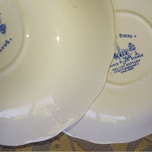 Op de afbeelding: Twee witte keramische schoteltjes met blauwe en witte ontwerpen. De schoteltjes zijn afkomstig van de Palissy Pottery in Staffordshire, Engeland. De tekst op de schoteltjes luidt "Bray Bucks" en "Bucks: Thames River Scenes Palissy Pottery Staffordshire England."