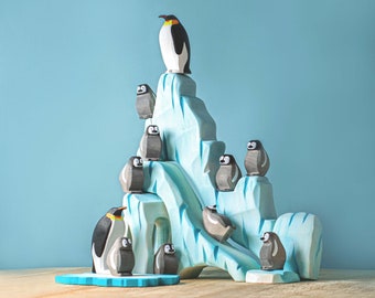 Large Wooden Toy Set Penguins with Natural Ice Cliffs | Montessori Educational Play | Handmade Organic Wood