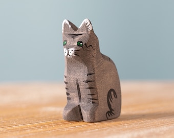 Figura de madera de gato hecha a mano / Juguete de educación animal Waldorf / Juego Montessori