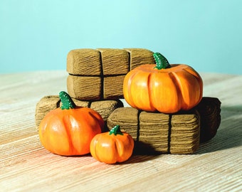 Wooden Toy Haybales and Pumpkins Set for Kids | Non-Toxic Paint | Handmade Lime Wood