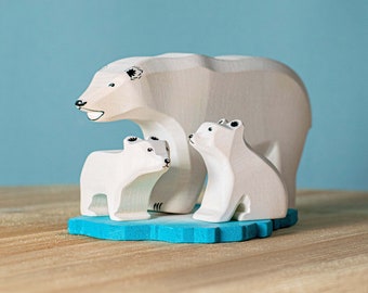 Famille d'ours polaires en bois | Ensemble de jouets pour animaux Waldorf faits main résistants à la salive pour enfants