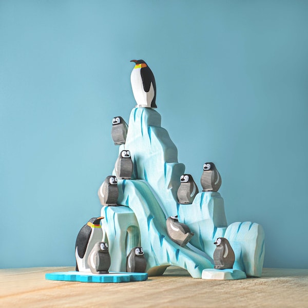 Large Wooden Toy Set Penguins with Natural Ice Cliffs | Montessori Educational Play | Handmade Organic Wood