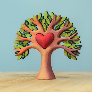 Handmade heart tree wooden Waldorf toy with vibrant green leaves and a prominent red heart on a turquoise background