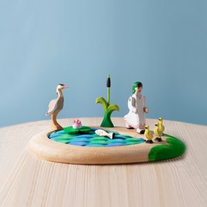 The Pond with Girl and Ducklings Waldorf Wooden Toy Set - Organic Wood Montessori Play