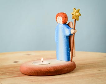 Hand-Painted Wooden Angel Figurine Candle Holder | Christmas Decor