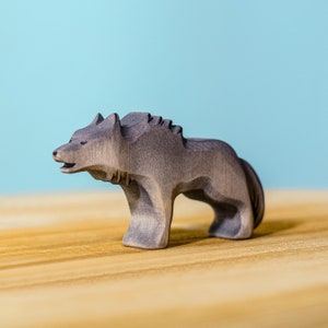 Dynamic Wolf Angry wooden toy by Bumbu Toys showing expressive posture