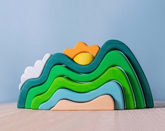 Giocattolo in legno impilabile Montessori con sole / Giocattoli educativi Waldorf fatti a mano