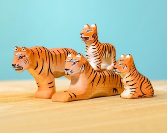 Montessori Tiger Family Wooden Animal Figures | Handmade Sustainable Waldorf Play Toys