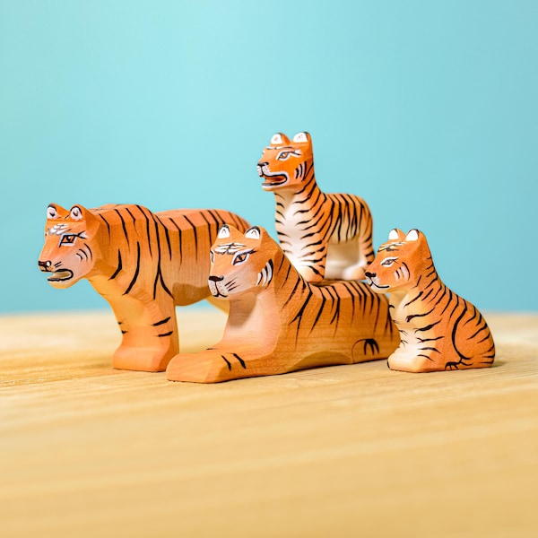 Montessori Tiger Family Wooden Animal Figures | Handmade Sustainable Waldorf Play Toys