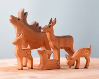 Ambachtelijke houten dierenhertenkuddeset | Handgemaakte Stag & Fawn Waldorf-figuren