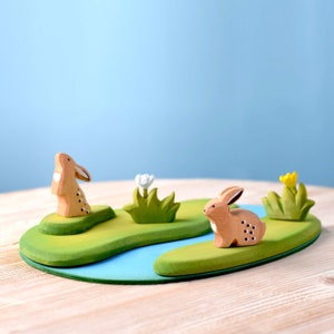 Easter Bunnies, Wildflowers and River SET | Waldorf & Montessori Toys | Wooden Animal Handcrafted