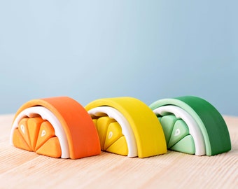 Montessori Waldorf Stacker Spielzeug - Handgefertigtes ZITRONEN-, LIMETTEN- & TANGERINEN-Holzobstset