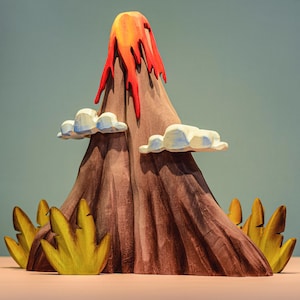 Aesthetic wooden volcano with artistic lava detail and cloud figures, providing a visual and educational centerpiece for playtime.