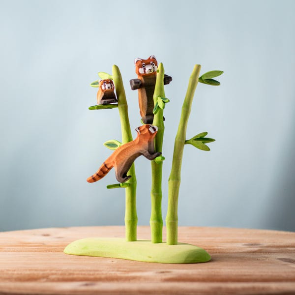Handmade Wooden Red Panda & Bamboo Set | Montessori Toy